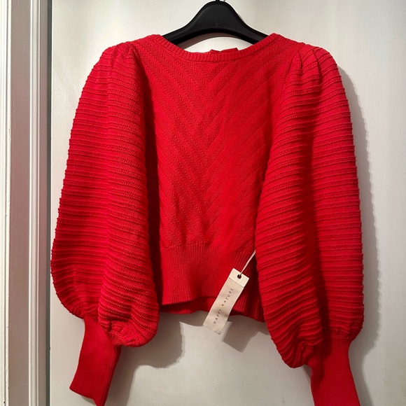 HAPPY X NATURE RED HEAVY KNIT PUFF SLEEVE BOW TIE BACK SWEATER M NWT - Picture 1 of 5